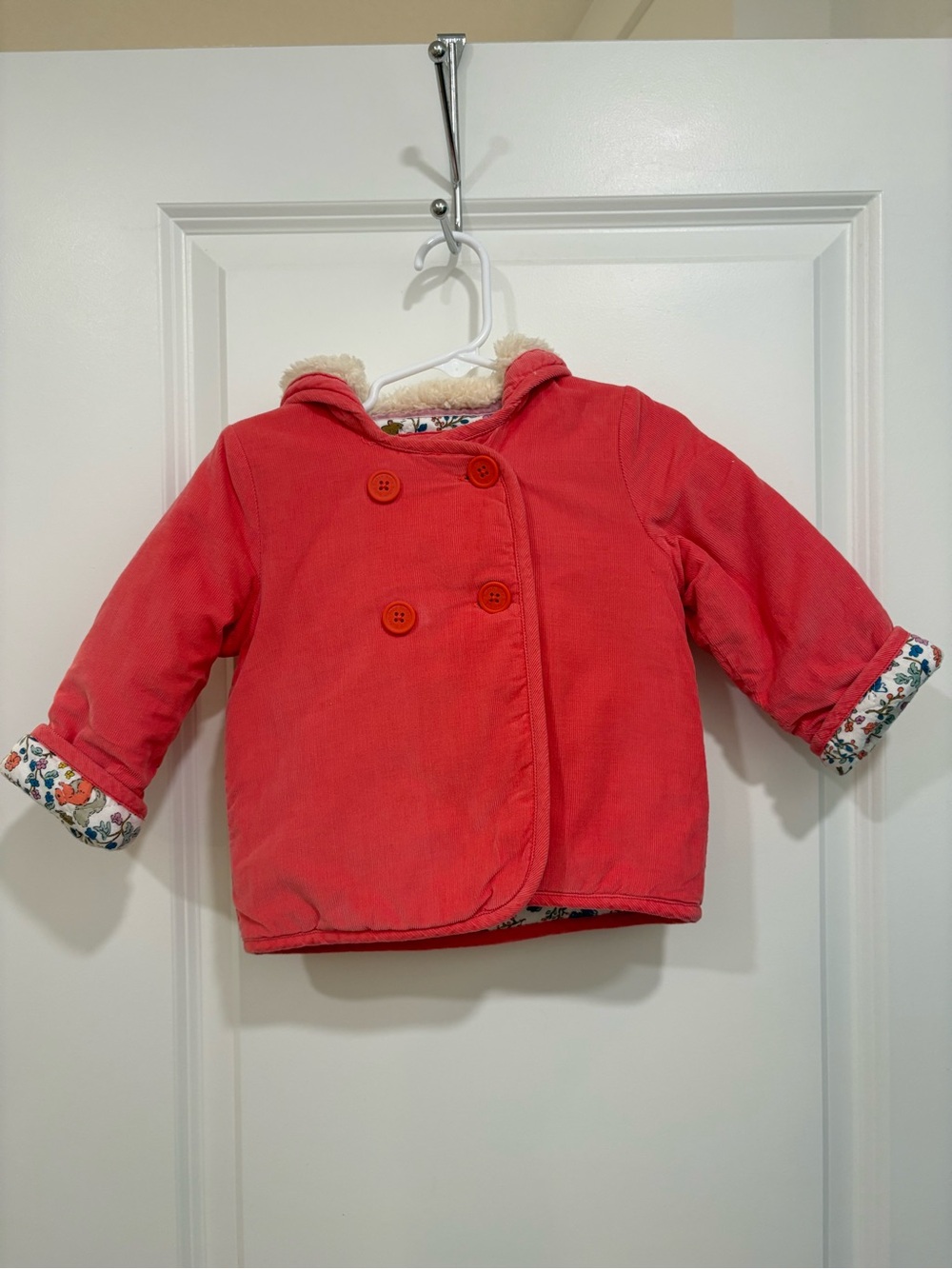 Baby Boden Coral Corduroy Woodland Floral Lined Jacket with Sherpa Hood 12-18M